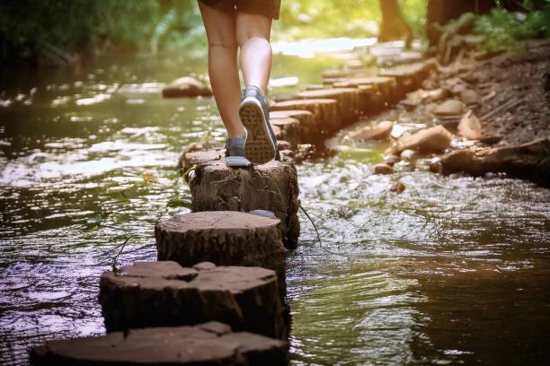 Adult making steps over stumps across river streams. Concepts and ideas for making small steps toward goal