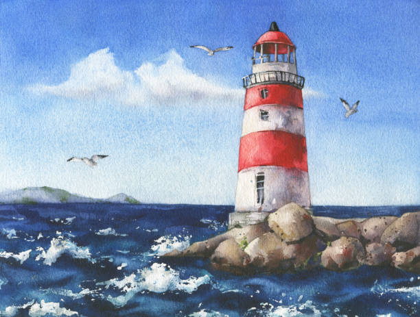 istock Watercolor painted blue sea with white foam waves, red and white lighthouse and flying gull birds. Seascape painting. 2188719079