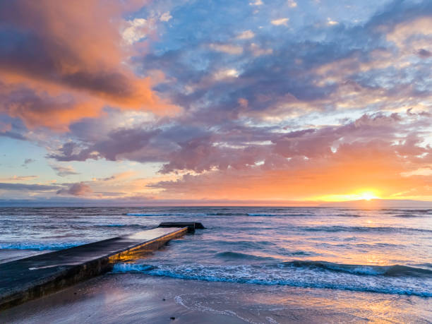 Sun setting at the Strand beach in Cape Town with a pier