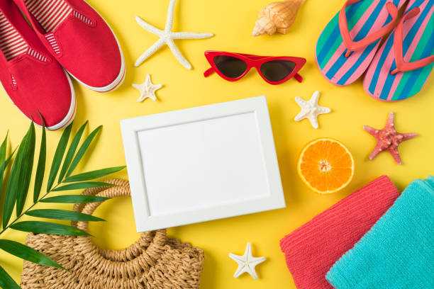 istock Beach vacation and travel concept with picture frame and beach accessories 2188741692