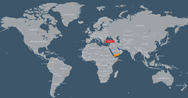istock World map with the yemen and Turkey clearly highlighted in vibrant colors, emphasizing geographical location and connection between these nations 2188743268