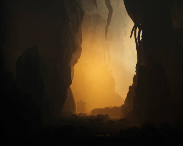 Dark mysterious foggy ancient looking fantasy cave. 3D render.