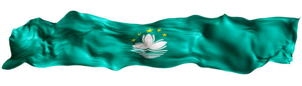 Stylized flag of Macau waving in the wind, isolated on white background. Footer, header or divider. Cut out wide, panoramic element. Banner for patriotic themes or national event promotions. 3D.