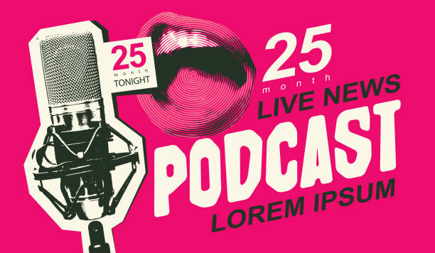 banner for podcast or internet radio vector retro internet banner for podcast or internet radio with a singing or talking human mouth, microphone and inscription. Suitable for advertising or logo music speaker logo stock illustrations