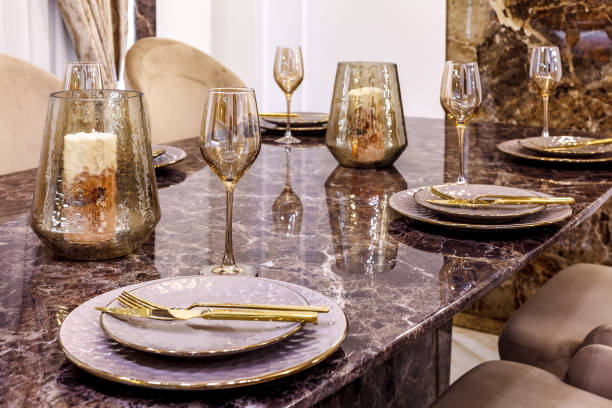 istock Marble dining table with crockery in a rich house 2188753530