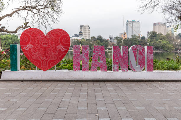 Hanoi, Vietnam - March 20, 2024: Hanoi City billboard with Hoan Kiem lake panorama and cityscape