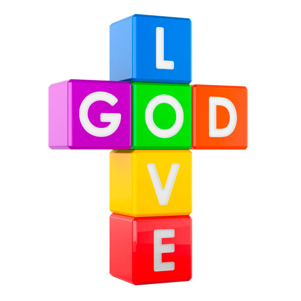 God is Love, concept. God and love words crossed from colored cubes, 3D rendering isolated on white background