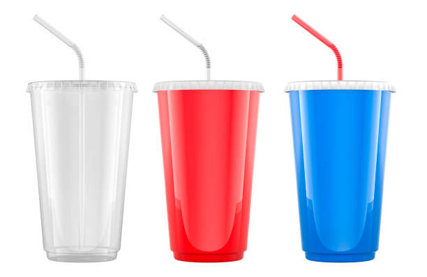istock Disposable Cups for Cold Drinks. Clear, red and blue. Plastic Cups with Lids and Straw. 3D rendering 2188762677