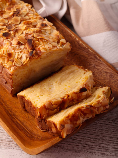 Invisible apple cake, sliced, sweet apple bread with almond topping