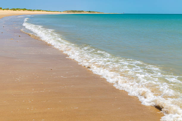 A beach in Spain canary islands Fuerteventura with a clear blue sky and a few clouds. The water is calm and the sand is dry
