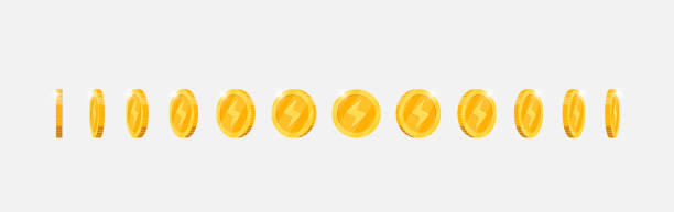istock Rotating gold coin animation for gaming apps. Metal token featuring lightning bolt speed motif moves at changing angles. Symbol of success spinning fluidly. Flat 3D design for digital interfaces 2188774179