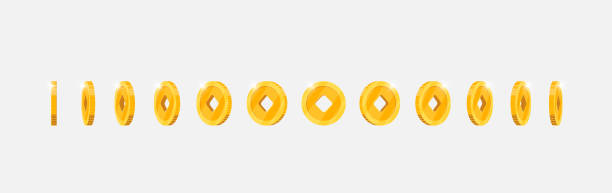 istock Spinning gold currency with Chinese lucky symbol with square hole for video games. Metallic token rotates fluidly at different perspectives. Flat 3D achievement marker in dynamic motion 2188774235