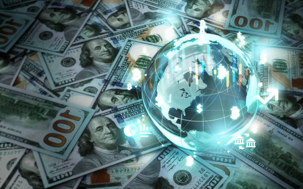 istock Crystal Glass Globe with Bitcoin Dollar and Financial Chart on Stack of 100 Dollar Bills 2188781458