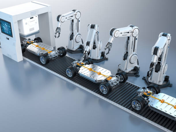 istock Robot assembly line with ev car battery on undercarriage platform 2188787060
