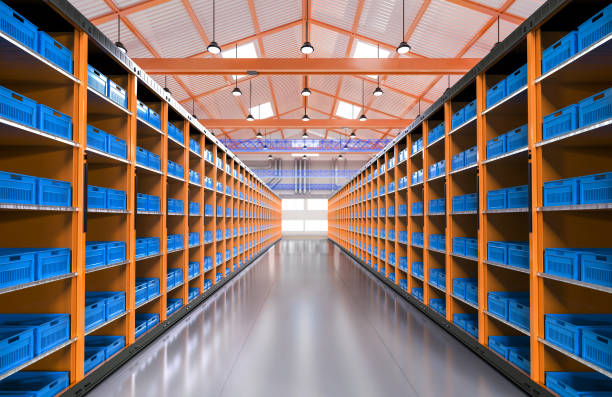 3d rendering warehouse interior with racks full of crates