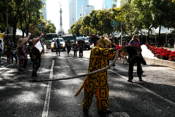 Mexico City, Mexico on 7th December 2024. The participants perfom danza de Tecuanes during Mexico City's carnival from Angel de la Independencia to Zocalo.