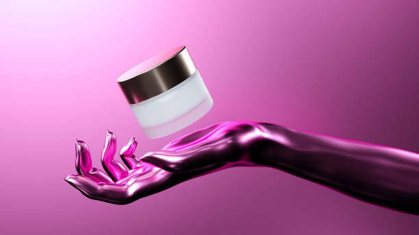 istock Luxurious Floating Cream Jar Above Metallic Hand in a Minimalist 3D Scene, 3D Rendering 2188810382