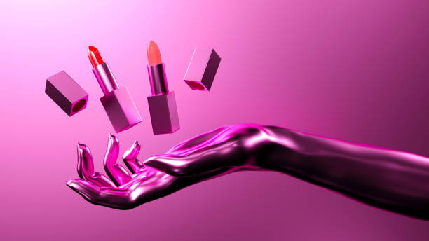 istock Futuristic Floating Lipsticks Above Metallic Pink Hand in a Sleek 3D Composition, 3D Rendering 2188810395