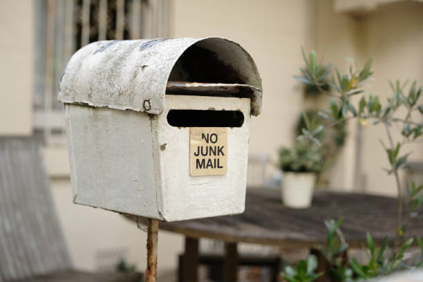istock Old white metal mailbox with no junk mail sign 2188815592