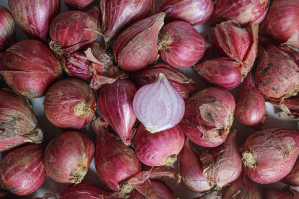 istock Unpeeled halved red shallot on white background, flat lay 2188820330