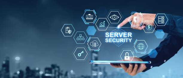 istock Man finger touch server security hologram with different icons, cityscape 2188821704