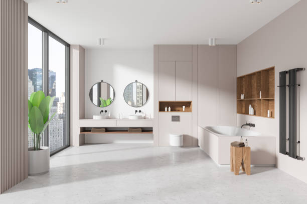 istock Spacious modern bathroom interior with large windows and city view. Minimalist style, neutral tones. Concept of luxury living. 3D Rendering 2188821907