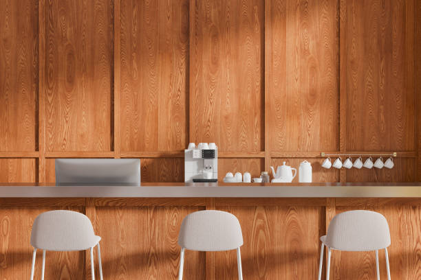 istock Cafe interior with bar island and coffee machine, counter with kitchenware 2188822010