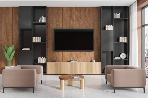 istock Modern living room with wood panel wall and TV. 3D Rendering 2188822590