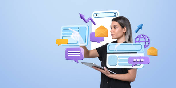istock Woman interacting with internet icons through a digital interfac 2188823107