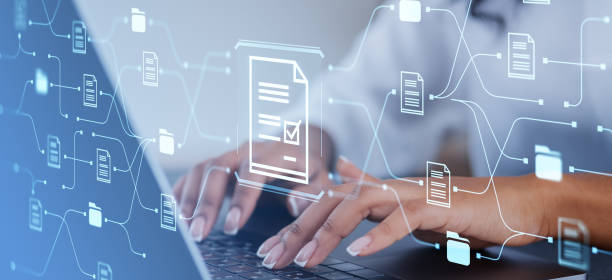 istock Woman hands typing, document management system and files hologram 2188823146