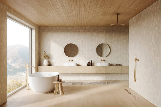 istock Modern bathroom with freestanding bathtub and double sinks. 3D Rendering 2188823500