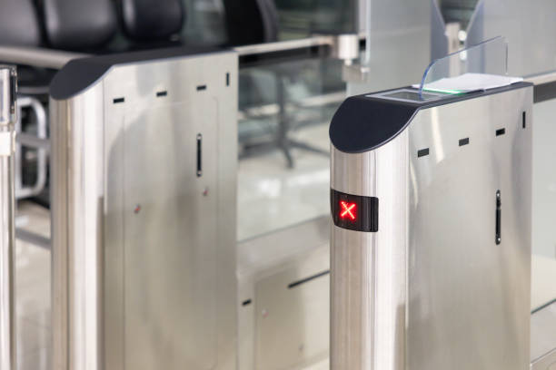 istock Security turnstile in office building. Electronic Entrance gate with red x sign. 2188824707