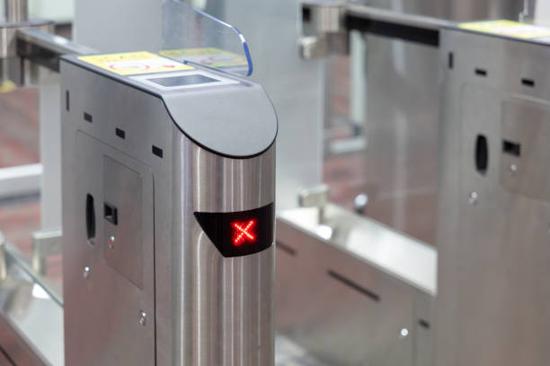 istock Security turnstile in office building. Electronic Entrance gate with red x sign. 2188824949