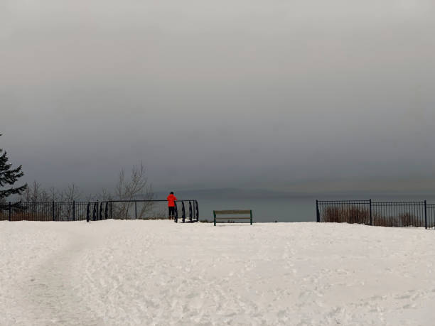 Footprints in the snow and horizon over water