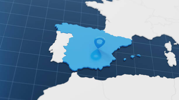 Blue Spain 3d map with pointer pin surrounded with other countries in white. Europe political map with borders. 3d render illustration.
