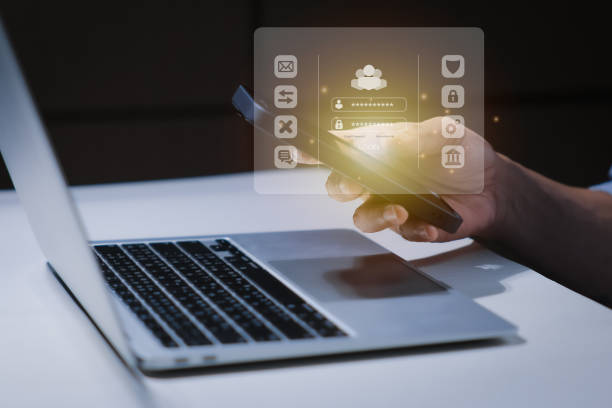 istock Login screen ,Cybersecurity and privacy concepts to protect data. Lock icon and internet network security technology. Businessmen protecting personal data on laptops and virtual interfaces. 2188840895
