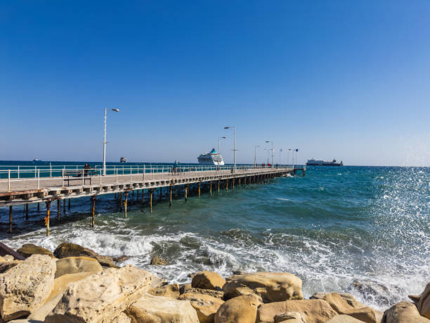 A scenic view of a pier extending into the ocean, with street lamps, rocky shores, and ships in the distance, capturing the essence of a vibrant coastal landscape.