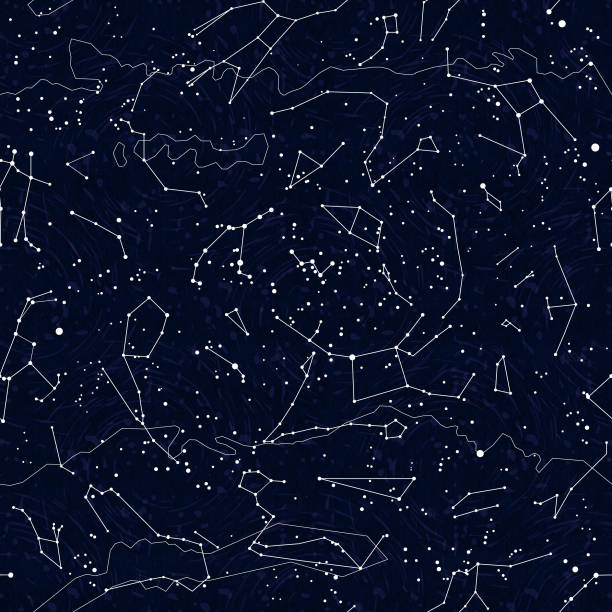 magával ragadó csillagos éjszakai égbolt varrat nélküli minta fehér csillagképekkel és pontozott csillagokkal mélykék alapon. kavargó, kozmikus részletek, mélység, égi, titokzatos hangulat. - csillagtérkép témájú stock illusztrációk