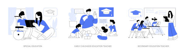 Teaching degree isolated cartoon vector illustrations se Teaching degree isolated cartoon vector illustrations set. Young student girl teaching disabled child, early childhood teacher, giving lesson to secondary school pupils, education vector cartoon. preschool teacher child stock illustrations