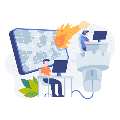 Two People Using Computers Connected By A Cable Stock Illustration ...