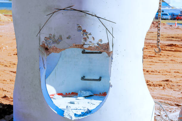 Construction site shows damaged concrete structure with an opening exposing during residential build works area