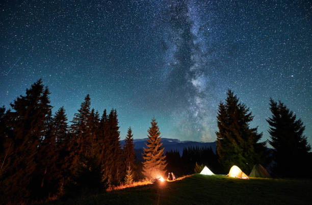 istock Amidst forested mountain landscape, two tents glow warmly beside campfire under star-filled sky. 2188869517