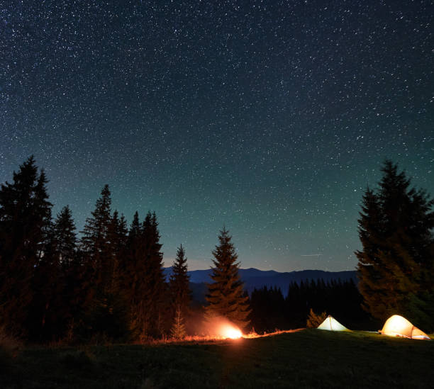 istock Night camping. Two glowing tents near campfire in pine forest under clear starry sky with Milky Way. 2188869520