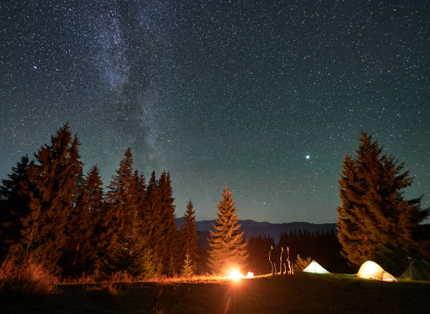 istock Amidst forested mountain landscape, two tents glow warmly beside campfire under star-filled sky. 2188869529