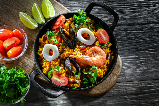 istock Seafood paella served in a cast iron pan 2188881555
