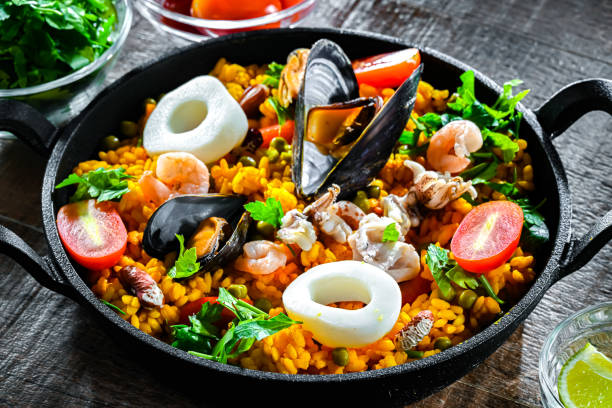 istock Seafood paella served in a cast iron pan 2188881579
