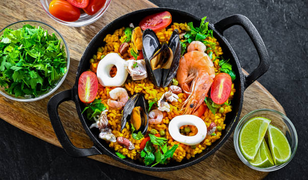 istock Seafood paella served in a cast iron pan 2188881585
