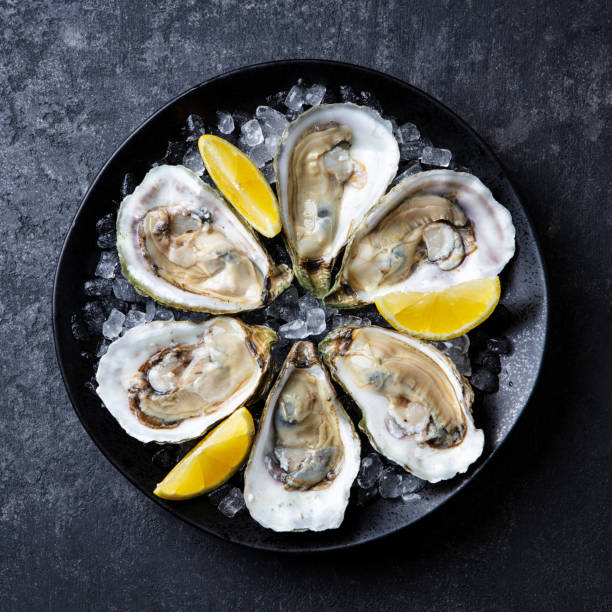 Fresh oysters with lemon on crushed ice. Black background. Close up. Top view.