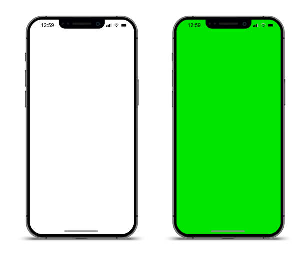 istock Smartphone mockup set with white empty and green touch screen. Detailed mockup smartphone isolated, 3D model mobile phone with shadow 2188885559