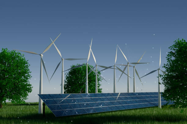 istock Renewable energy scene featuring wind turbines and solar panels under a clear blue sky. 3d rendering 2188886857